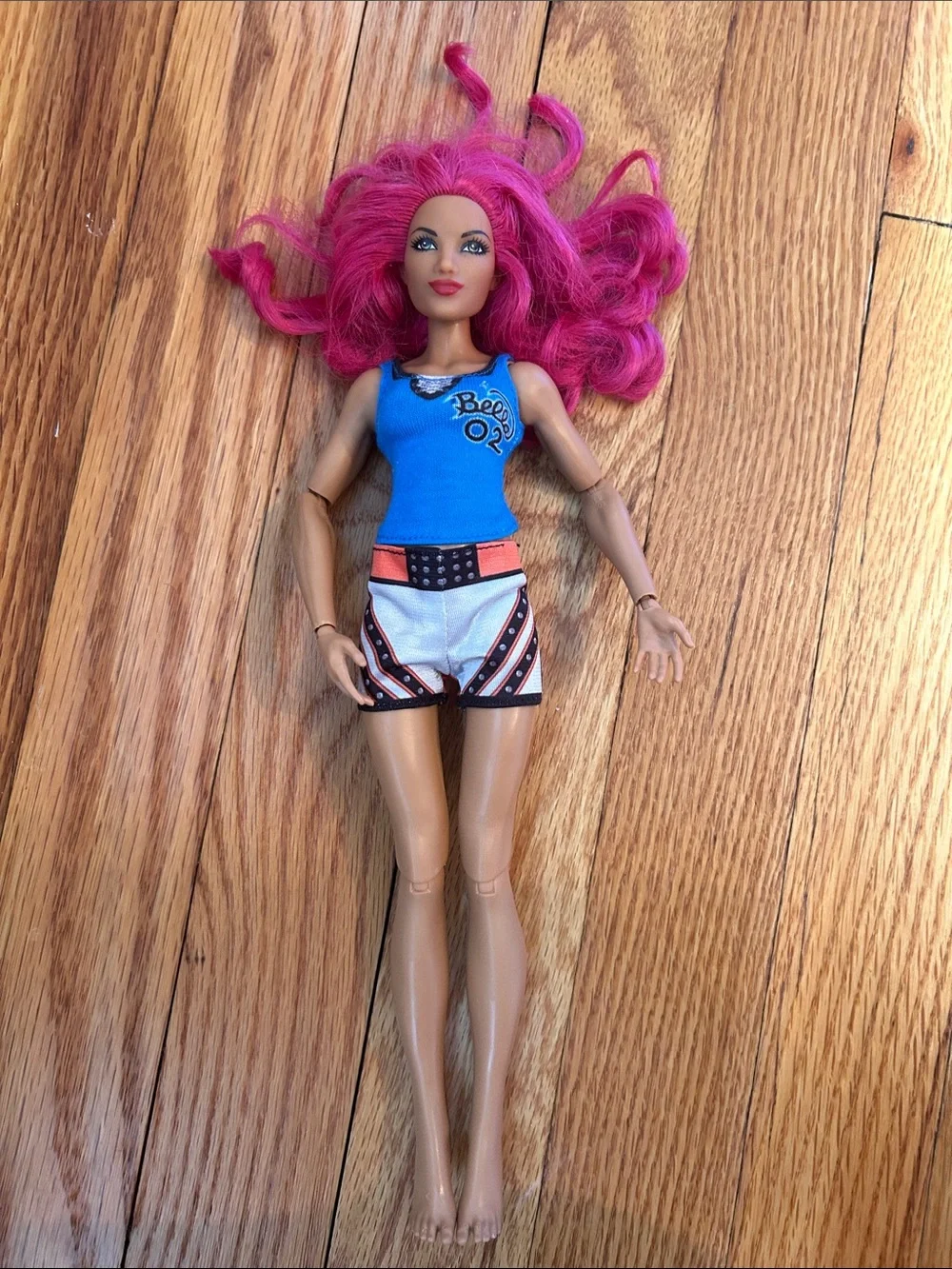 WWE Pink-Haired Doll with Bella Blue Top and White Shorts